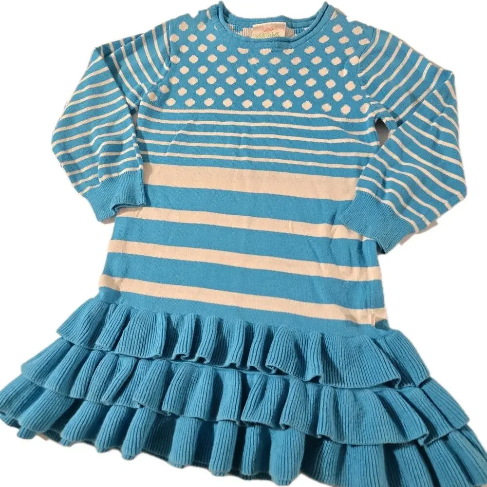 LOLLY WOLLY‎ DOODLE Tiered Ruffle Dress Vtg Blue White Cotton Knit Girls 4/5
